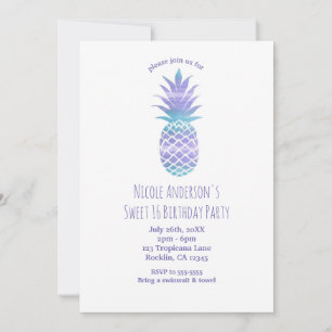 Convite Festa Tropical Chic Aqua Teal e Abacaxi Roxo