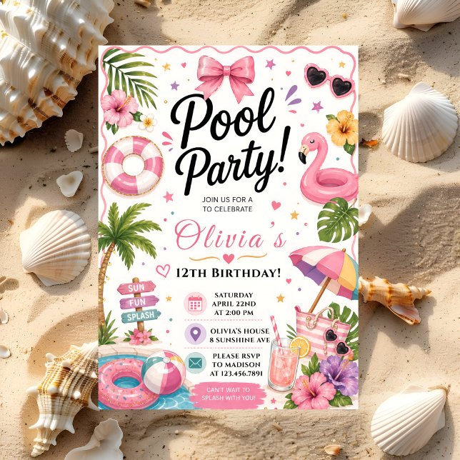 Convite Festa Tropical Cor-de-Rosa na Piscina (Criador carregado)