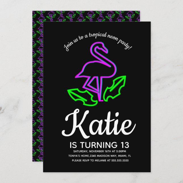 Convite Festa Tropical de Neon Flamingo Adolescente (Frente/Verso)