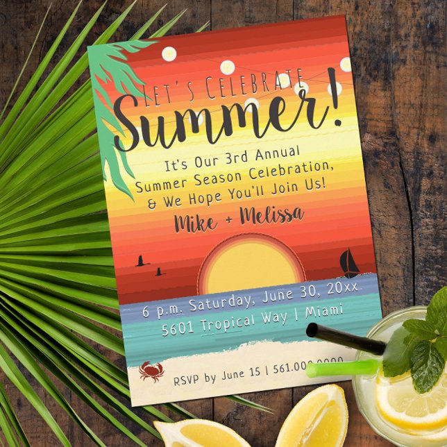 Convite Festa Tropical de Verão de Sunset, em 🌴 Divertida (Colorful Tropical Summer Party Invitation with Retro Typography)