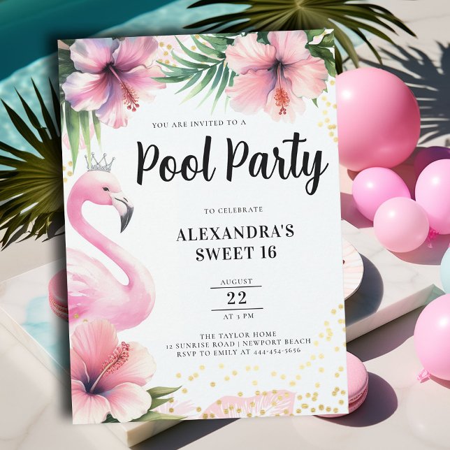 Convite Festa Tropical Flamingo, Rosa, Flamingo, Doce 16 (pink flamingo sweet sixteen birthday party invitation pool beach summer pineapple cocktails tiara)
