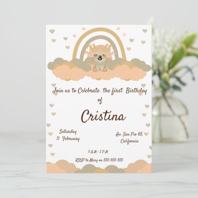Convite Festa Urso Koala Arco-íris Nuvem Mágica (Em pé/Frente)