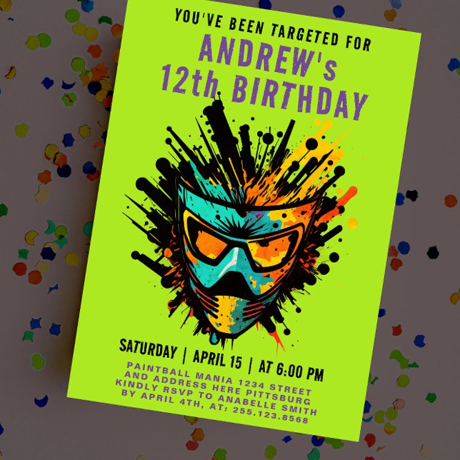 Convite Festa Verde Colorida de Paintball (Criador carregado)