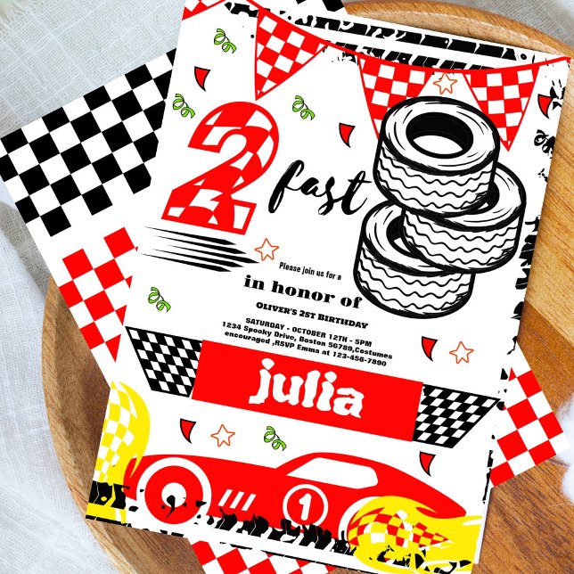 Convite Festa vermelha de corrida de segundo aniversário r (Criador carregado)