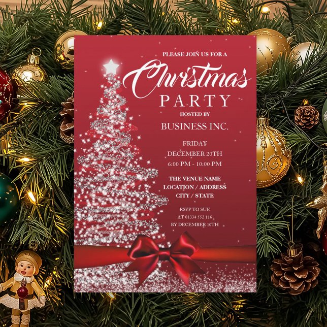 Convite Festa Vermelha de Fita de Natal CORPORAL (CORPORATE Christmas Tree Ribbon Red Party Invitation)