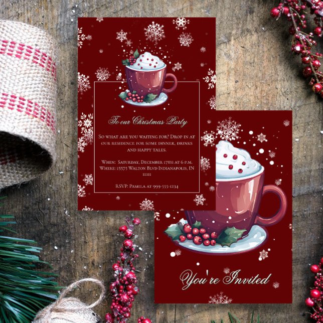 Convite Festa Vermelha de Natal do Feriado de Chocolate Qu (Red Christmas Cup of Hot Chocolate Party Invitation)