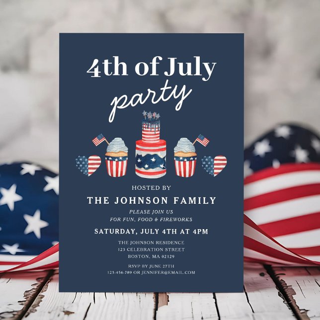 Convite Festa Vermelha E Branco E Azul 4 De Julho (Cute Red White And Blue 4th Of July Party Invitation)
