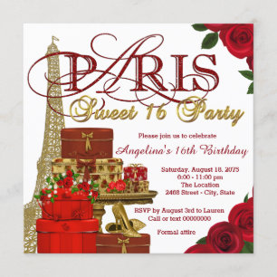 Convite Festa Vermelha e Dourada de Paris para Doçura de 1