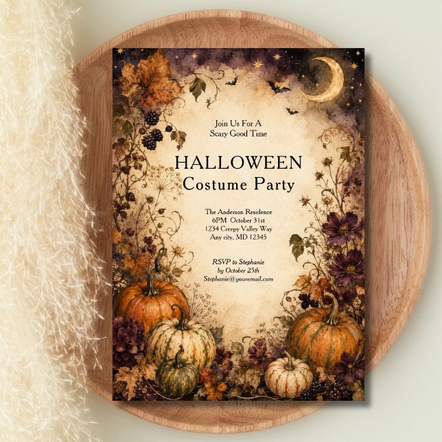 Convite Festa Vintage Abóboras Lua Halloween (Pumpkin Celestial Crescent Moon Halloween Costume Party Invitation)