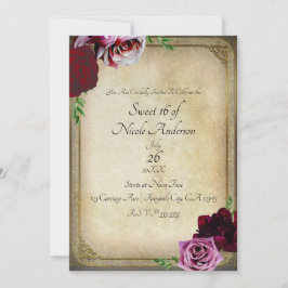 Convite Festa Vintage Real Rosa Escuro Floral Doce 16