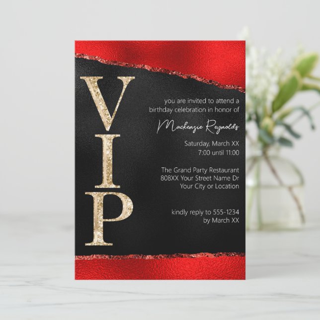Convite Festa VIP Glamurosa com Brilho Vermelho e Dourado (Em pé/Frente)