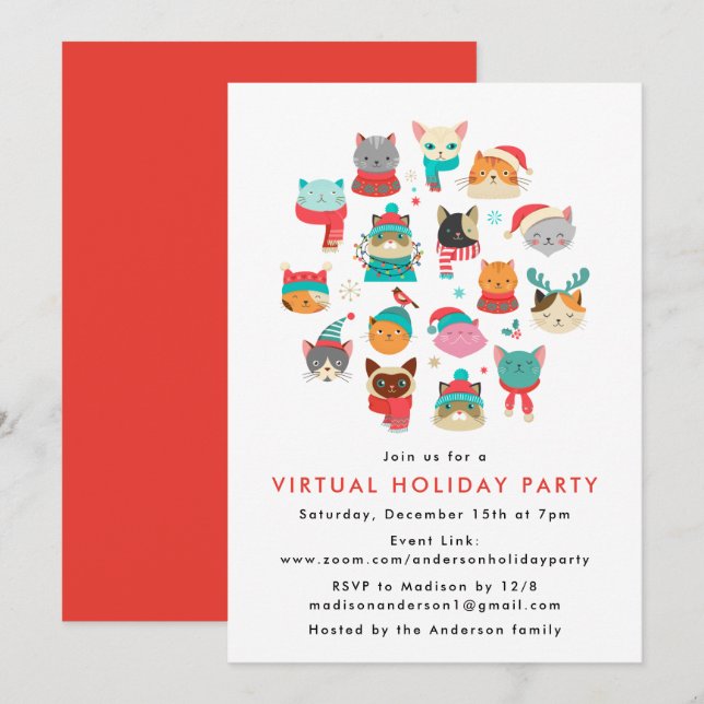 Convite Festa Virtual de Natal com Gatos Lindos de Natal (Frente/Verso)