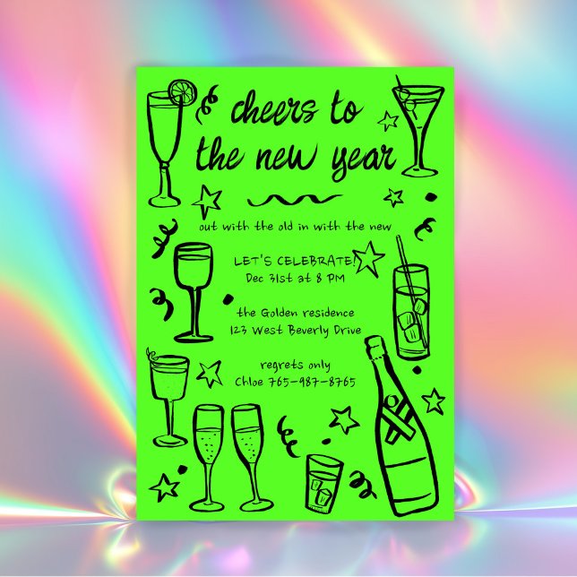 Convite Festa Whimsical de Ano Novo Bebidas Cocktail Perso (Whimsical Doodles NEW YEAR Party Cocktail Drinks Custom Neon Lime Green Bold Fun Invitation
)