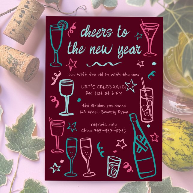 Convite Festa Whimsical de Ano Novo Bebidas Cocktail Perso (Whimsical NEW YEAR Party Cocktail Drinks Custom Invitation
)