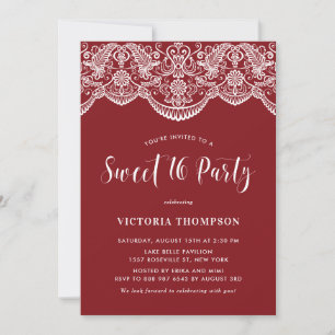 Convite Festa White Brocade Lace Red Sweet 16