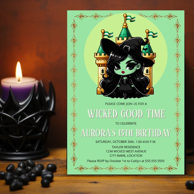 Convite Festa Wicked Witness (Adorable little green witch and castle party invitation front view.)