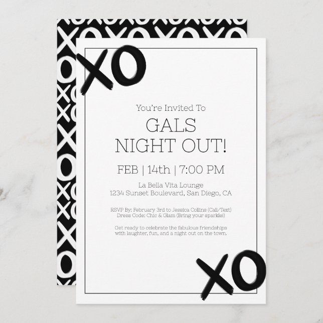 Convite Festa XOXO Black White Galentine Noite Out (Frente/Verso)