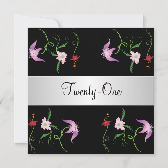 Convite Festas Bonito de Flores Negras e Brancas, aniversá (Frente)