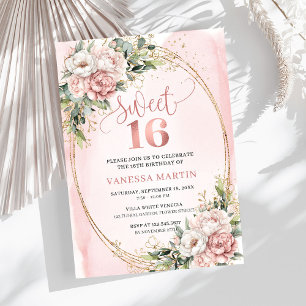 Convite Festas de 16º Aniversário com Flores Rosa e Folhag