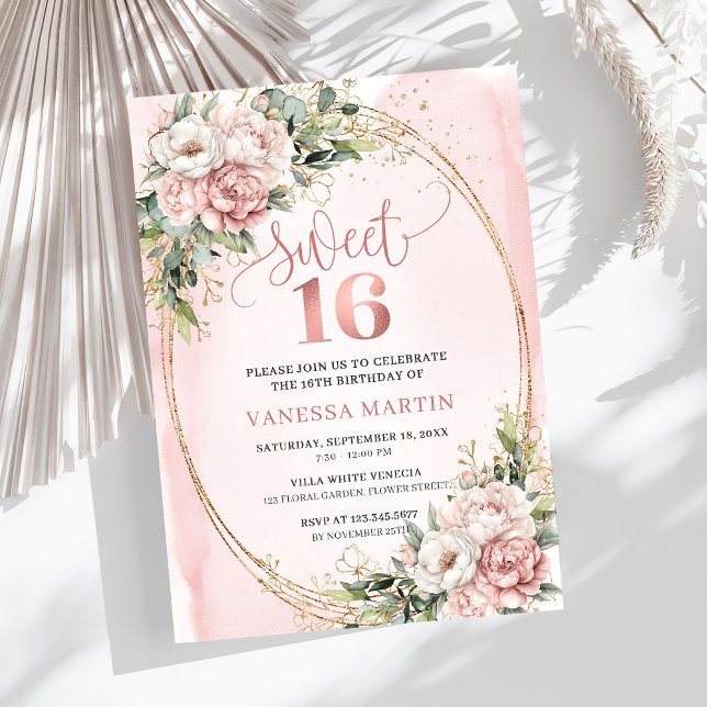 Convite Festas de 16º Aniversário com Flores Rosa e Folhag (Dusty Pink Floral Eucalyptus Sweet Sixteen Birthday Invite

)