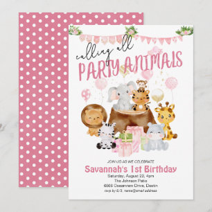 Convite Festas de Animais Rosa de Aniversário