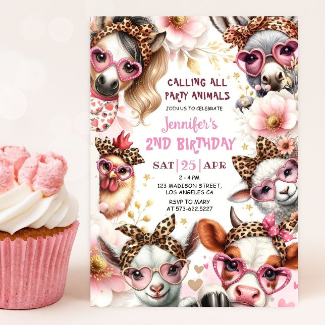 Convite Festas de Animais Rosa Garota Rosa Fazenda Barnyar (Criador carregado)