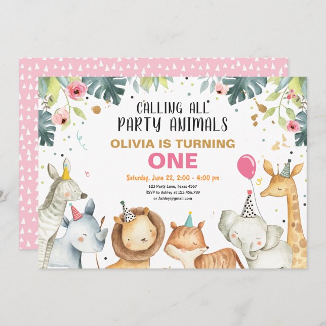 Convite Festas de animais Safari Dourado de animais (Frente/Verso)