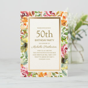 Convite Festas de Aniversário de 50 anos Floral Laranja Ve