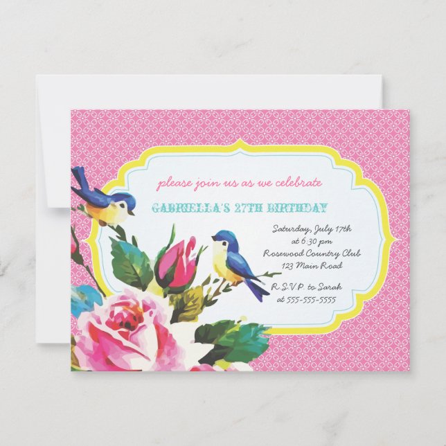 Convite Festas de aniversário de aves e Rosas (Frente)