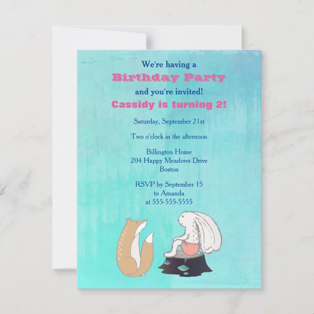 Convite Festas de aniversário ilustradas de Raposa e Coelh (Frente)