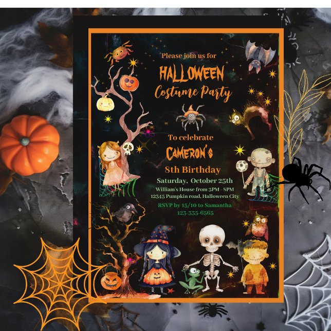 Convite Festas de Figuras de Halloween Crianças Verdes Lar (Halloween Costume Party Orange Green Kids Invitation)