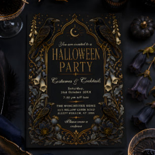 Convite Festas de Halloween com Fantasias de Corvo Gótico