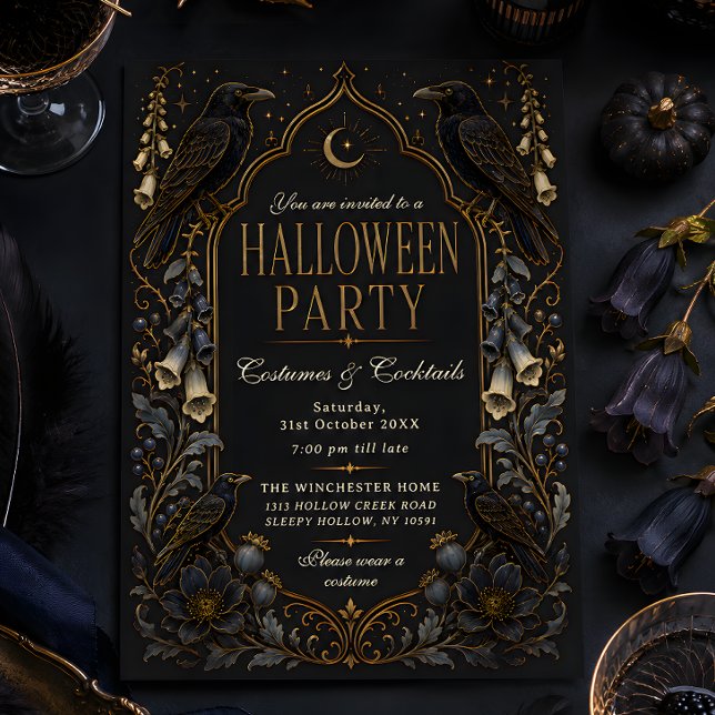 Convite Festas de Halloween com Fantasias de Corvo Gótico  (Criador carregado)