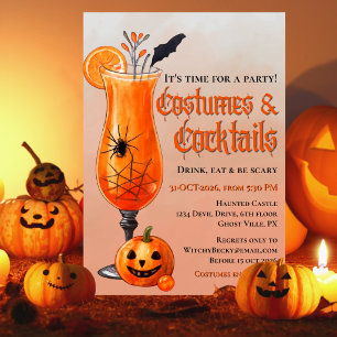 Convite Festas de Halloween com Fantasias de Laranja e Coq