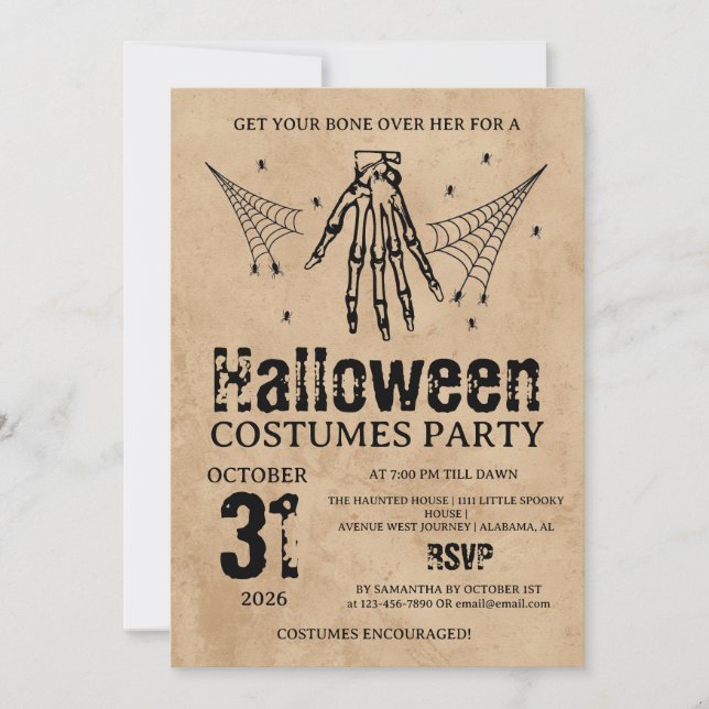 Convite Festas de Halloween com Fantasias de Mão de Esquel (Frente)