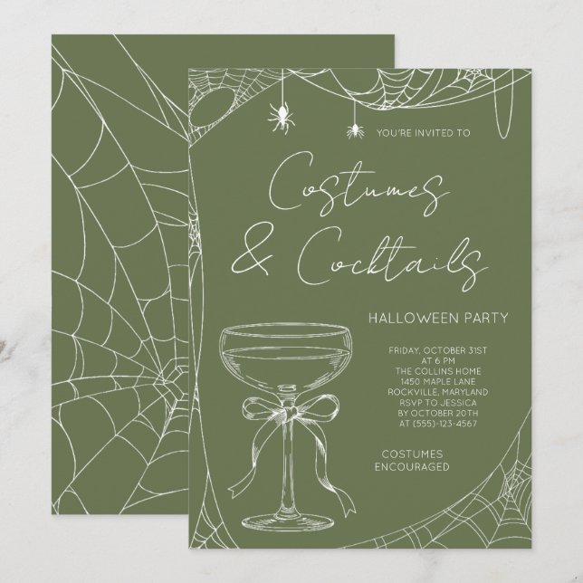 Convite Festas de Halloween com Fantasias Verde Oliva e Co (Frente/Verso)