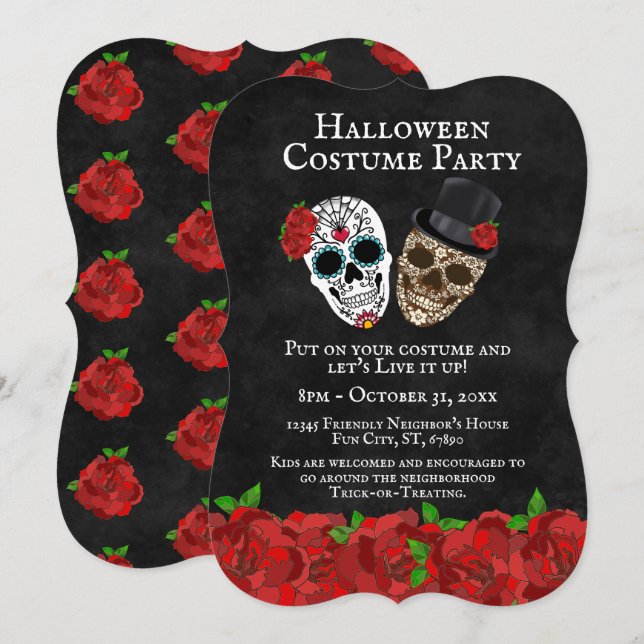 Convite Festas de Halloween com Rosas Vermelhas Antigas e  (Frente/Verso)