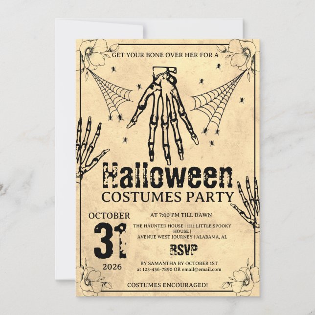 Convite Festas de Halloween com Roupas de Mão de Esqueleto (Frente)