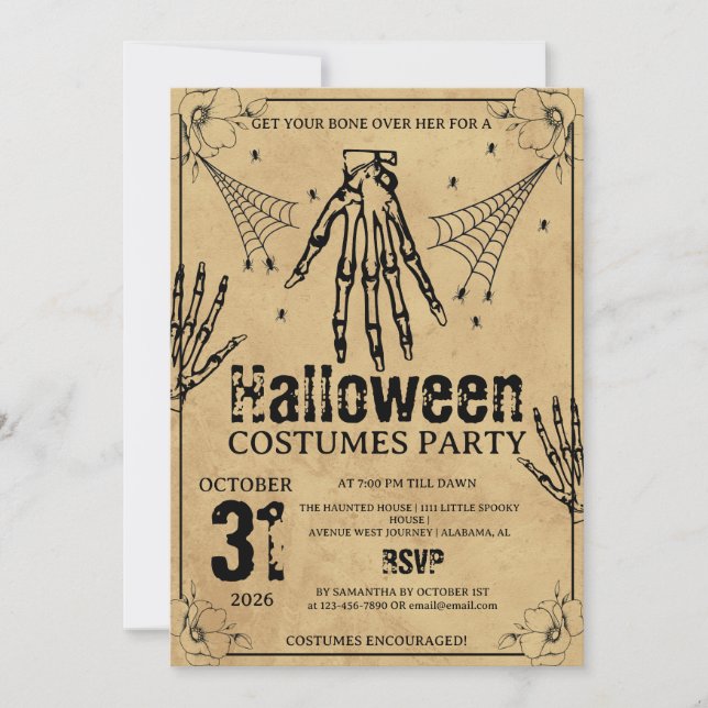 Convite Festas de Halloween com Roupas de Mão de Esqueleto (Frente)