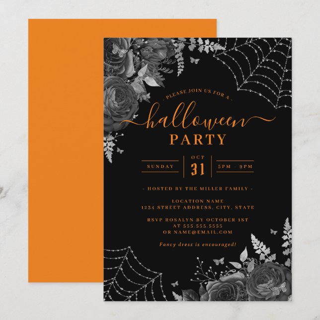 Convite Festas de Halloween de Teias Florais Laranja Escur (Frente/Verso)
