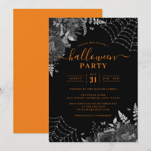 Convite Festas de Halloween de Teias Florais Laranja Escur