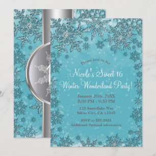 Convite Festas de Inverno com Flocos de Neve Aqua Turquesa