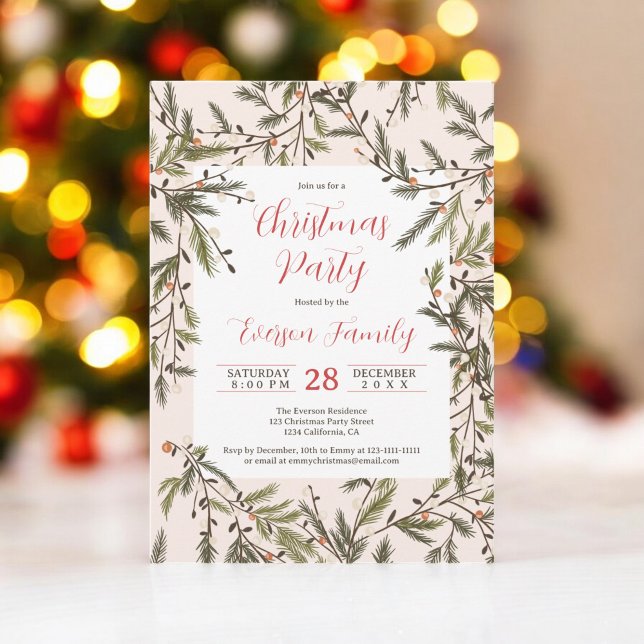 Convite Festas de Natal Elegantes - Ruas Ruptas Rústicas (Rustic blush Pine Branches Elegant Christmas Party Invitation)
