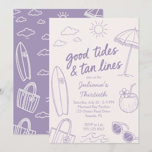 Convite Festas de Praia Cool Good Tides & Tan Lines (Frente/Verso)