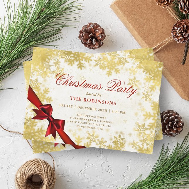 Convite Festas Festivas Natal Neve Dourada e Fita Vermelha (Festive Holiday Christmas Snow Gold & Red Ribbon Invitation)