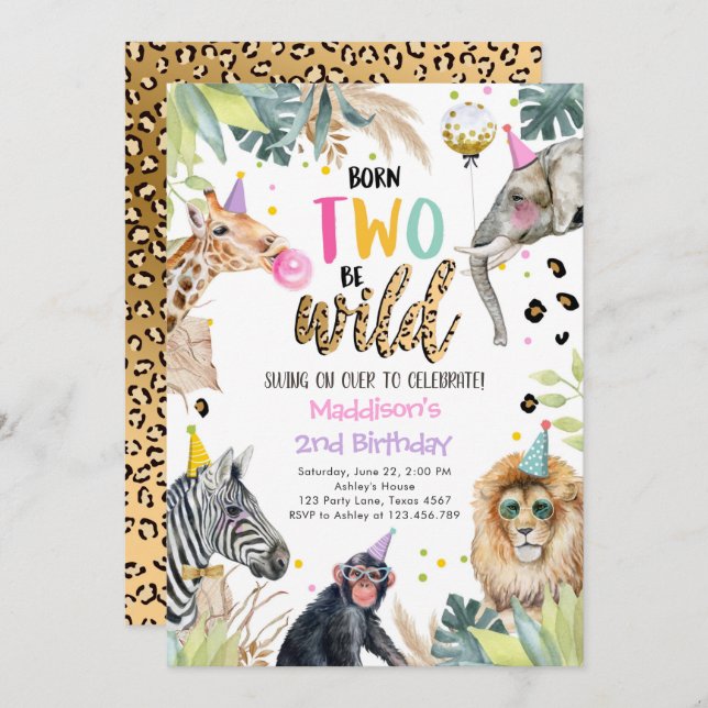 Convite Festas Menina Safari Dois segundos aniversários Se (Frente/Verso)