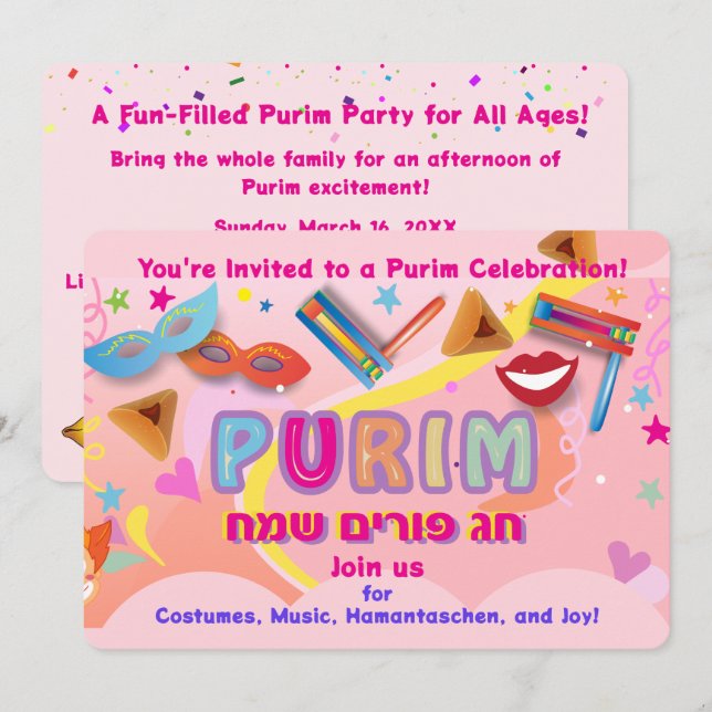 Convite Festival Feliz de Purim 2026 (Frente/Verso)