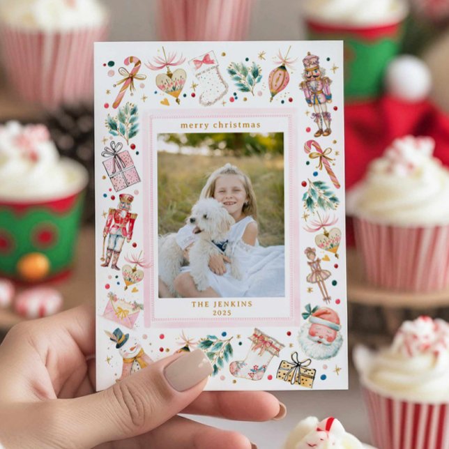 Convite Festive Christmas Family Photo Card (Fun Pink Christmas Photo Card)