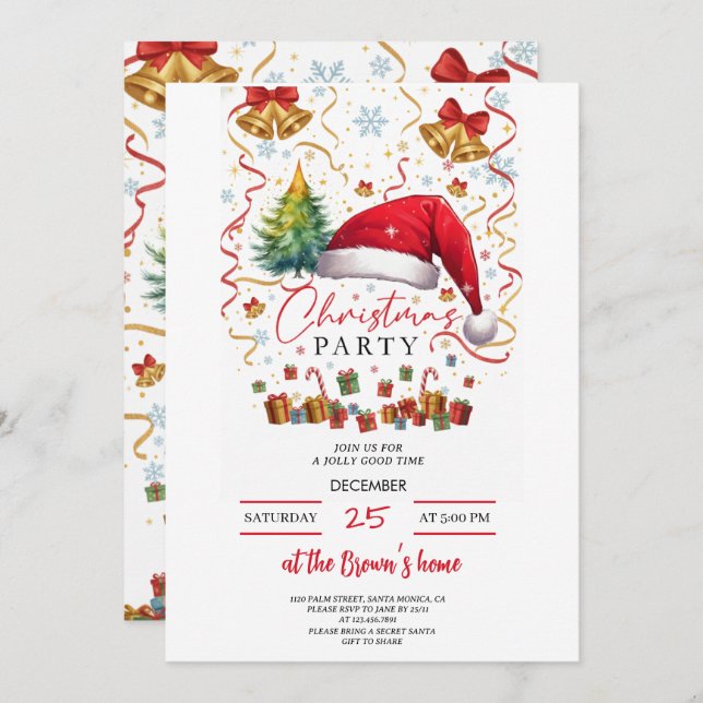 Convite Festive Christmas Party Invitation Red Santa Hat (Frente/Verso)