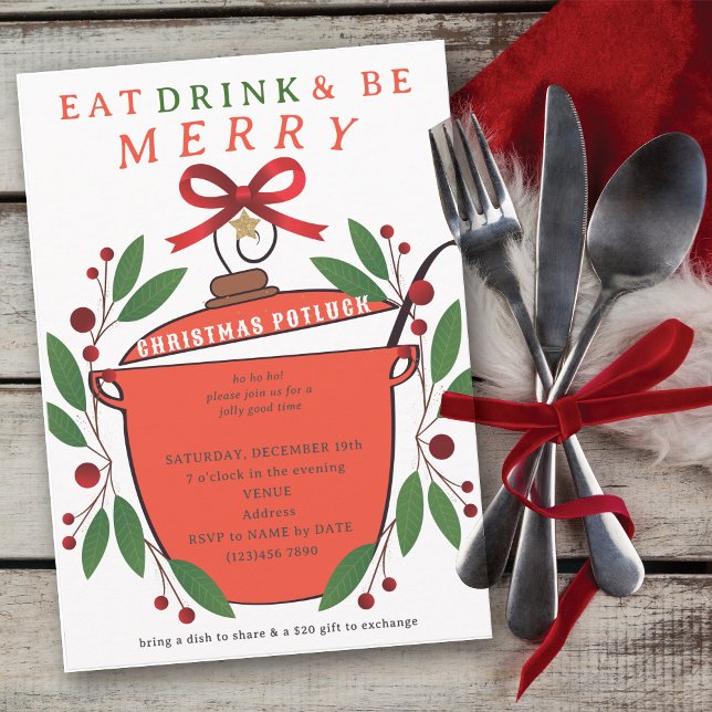 Convite Festive Eat Drink and Be Merry Christmas Potluck (Festive Eat Drink and Be Merry Christmas Potluck Invitation for Church Family Office Xmas Parties)